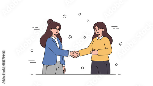 Two young adult females shaking hands in a friendly cartoon style illustration