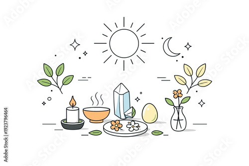 Spring equinox altar minimalism. Abstract ceremonial composition with sun symbols, leaves, and simple ritual objects placed neatly. Gentle seasonal transition