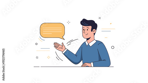 Young caucasian male communicating with speech bubble in minimalist illustration
