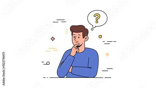 Thoughtful young caucasian male contemplating with question mark