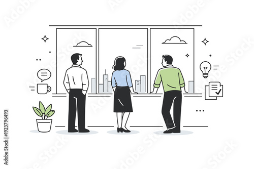 People looking out of windows. Office workers stand near tall windows, looking outside instead of screens, sharing a brief moment of calm. Quiet break and