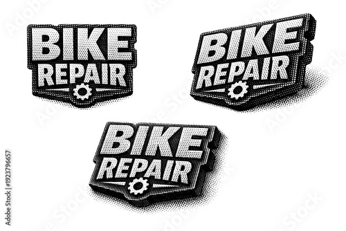 Bike repair typographic badge with bold lettering and small gear mark shown straight-on, slightly tilted, and raised print view as a single object set. Black