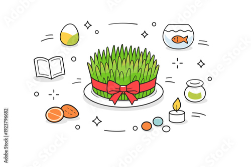 Nowruz sprouts table close-up. A minimal top-view scene of sabzeh placed at the center of a Nowruz table, surrounding elements hinted with abstract shapes,