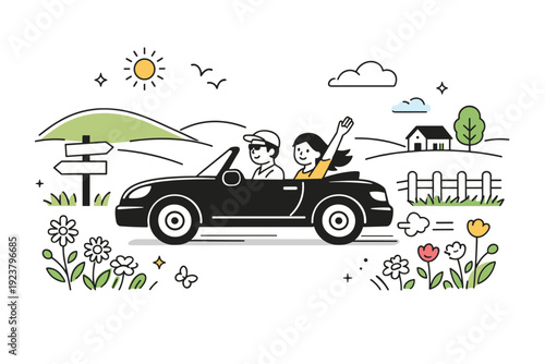 Weekend countryside trip. Convertible driving past gentle hills and blossoming wildflowers, relaxed spring vibe. Clean editorial visual emphasizing joy and