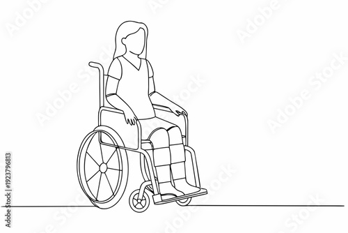 Continuous line drawing of a woman seated in a wheelchair
