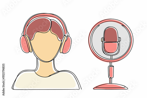 Line art illustration of a person with headphones and a microphone