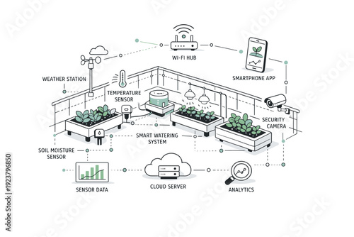 Urban farming IoT system overview. An isometric or clean top-down layout of a rooftop or balcony garden with visible sensors, plants, and network lines
