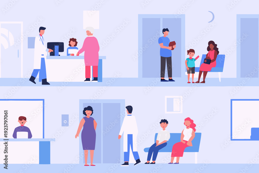 Fototapeta premium A busy hospital waiting room with doctors patients and families