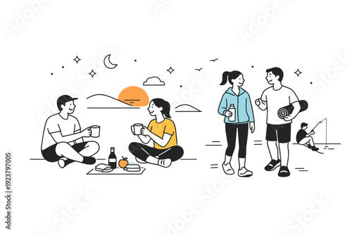 Shared extended evening. Two or more people outdoors, still active under lingering daylight. Sense of collective ease as time feels less