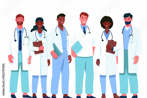Diverse group of medical professionals standing in a line smiling