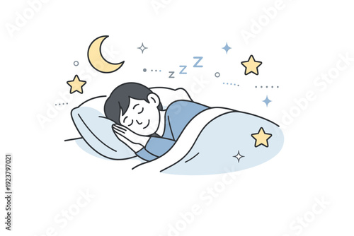 Peaceful Slumber Scene. Falling asleep peacefully. A person sleeping calmly in bed with stars and moon icons floating around. The scene conveys deep rest,