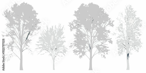 Silhouettes of various deciduous trees against a white background