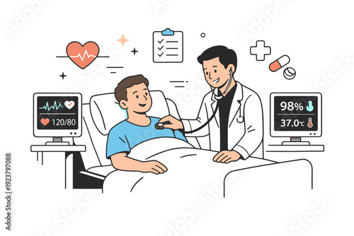 Friendly Doctor's Visit. Patient room. A doctor checking vital signs on a friendly patient lying in bed, simple monitors and medical icons decorating the