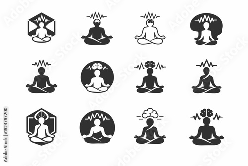Mental fitness apps. Icon set. Set Logo of Mental fitness apps: meditating figure with brain waves. harmonious logo variations of the same emblematic concept,