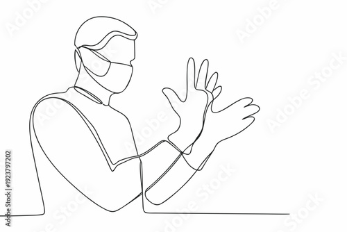Line drawing of a man clapping while wearing a face mask