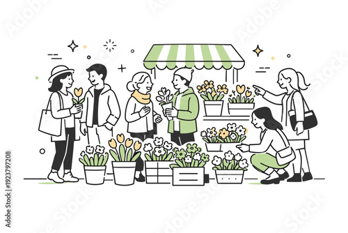Holiday shoppers at flower stalls. A group of people gently browsing and chatting near market displays filled with spring flowers, capturing warmth and