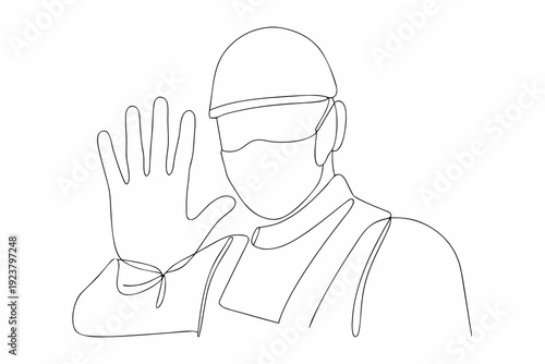 Line art illustration of a construction worker signaling a stop gesture