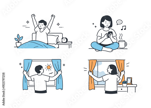 Morning routine: waking up, checking phone, opening curtains to a sunny day