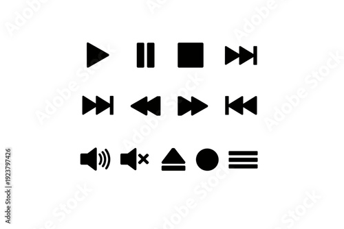 Media Control Buttons. Solid icon set of Media Control Buttons: play icon, pause icon, stop icon, rewind icon, fast forward icon, skip next
