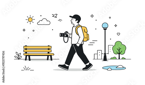 Man with backpack and camera walking through a park on a sunny day