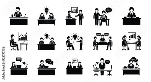 Collection of business icons depicting various workplace scenarios including collaboration brainstorming meetings one on one discussions and individual desk work activities