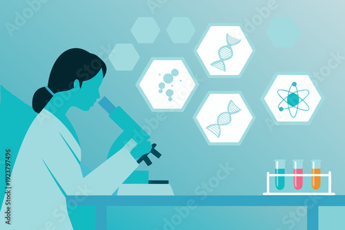 A scientist examines samples under a microscope with molecular structures