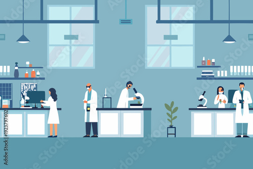 Scientists working in a modern brightly lit research laboratory setting