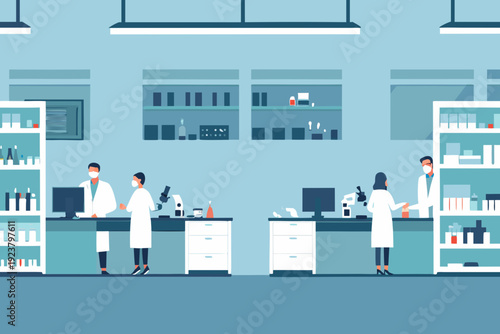 Scientists working in a modern laboratory with equipment and safety measures