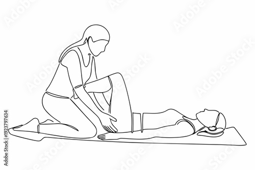Line drawing depicts a woman assisting a person lying on a mat