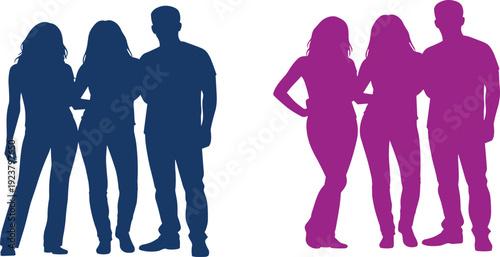 Collection of diverse people silhouettes in blue and purple colors representing young friends standing together as a social group for community and teamwork concepts