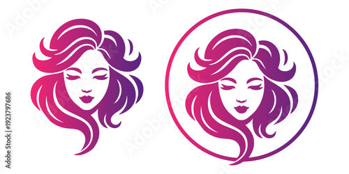Logotipo de salón de belleza. Grupo de dibujos con cara de mujer con peinado con ondas dentro y fuera de un círculo