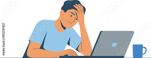 Stressed man working on laptop feeling overwhelmed with workload and deadline pressure at office desk