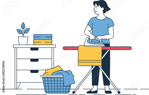 Woman ironing clothes at home doing household laundry and daily domestic chores in modern apartment