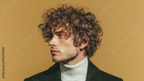 Elegant male model with curly hair wearing a black jacket and white turtleneck against a solid muted background with soft lighting.