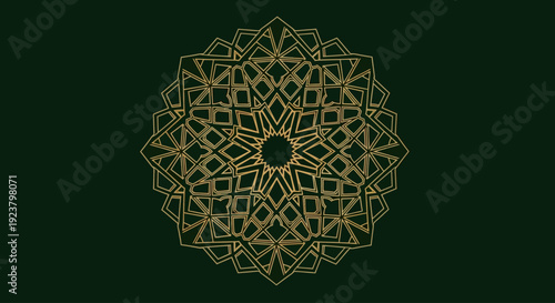 Intricate Golden Geometric Mandala on Dark Green Background, Elegant Islamic Art Design