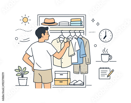 Man choosing clothes from his wardrobe in the morning, ready for the day