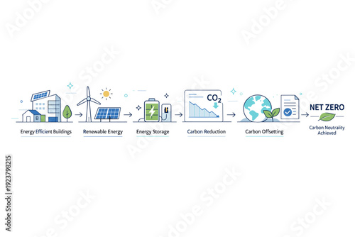 Net zero workflow diagrams. A horizontal flow diagram combining buildings, energy icons, and data cards to explain the path toward carbon neutrality. Quiet