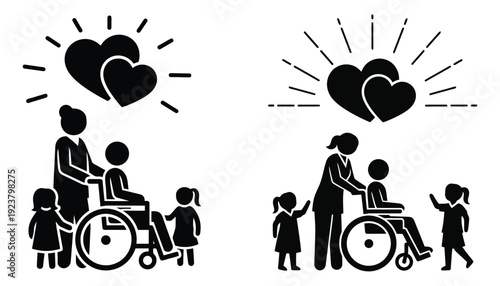 Disabled woman and children silhouette vector art