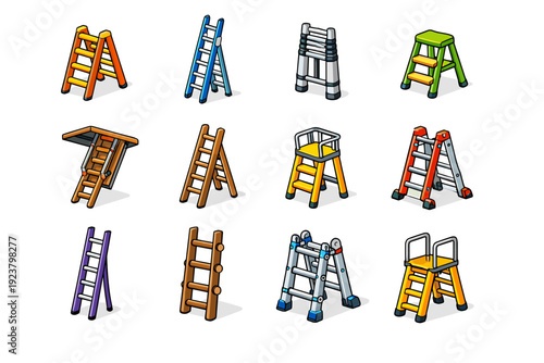 Ladder Types. Colorful isometric vector icons set of Ladder Types: A-frame ladder, extension ladder, telescoping ladder, step stool ladder, attic pull-down