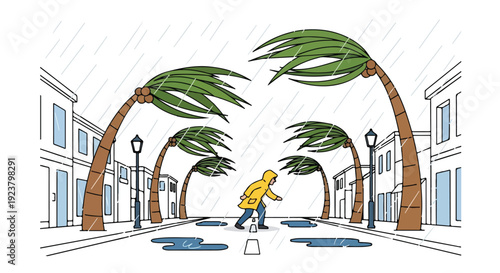 A person in a yellow raincoat jumps over a puddle on a rainy street with swaying palm trees and buildings during extreme weather conditions.