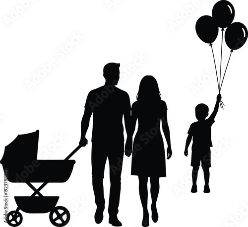 Happy young family silhouette with father pushing baby stroller and mother walking beside son holding three balloons on white background for creative design projects.