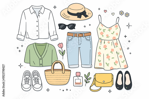 Seasonal fashion essentials flat lay. Illustrated spring clothes and accessories arranged loosely with natural spacing, viewed from above.