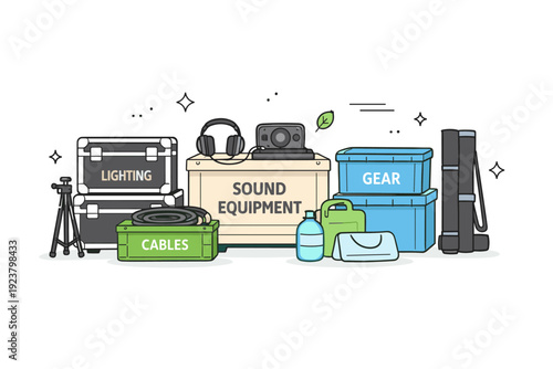 Low-impact event logistics. Backstage storage with labeled crates, reusable containers, and neatly packed equipment, symbolizing mindful
