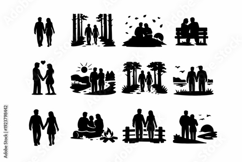 Couple in Nature. Solid icon set of Couple in Nature: couple walking hand in hand, forest path, tall trees, leaves falling, shared moment icon, peaceful scene,