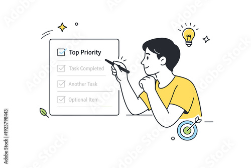 Intentional productivity visuals. A person selecting priorities from a short to-do list, with completed items softly faded out. Mindful decision-making and