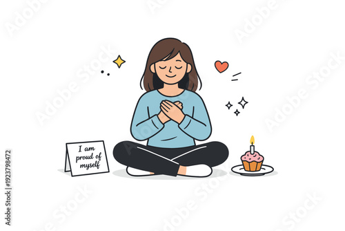 Women celebrating quietly. A woman sitting alone with a handwritten note and a small treat beside her. Self-recognition and calm contentment. Minimalist flat