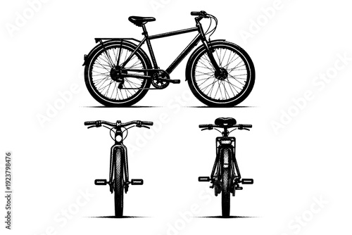 Bicycle minimal object city commuter bike with upright frame geometry, flat handlebars, and full wheel proportions presented in three