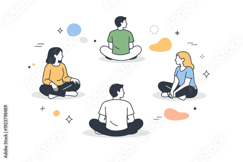 People sitting on floors. A small group sits cross-legged in a loose circle, spaced evenly, facing different directions. Quiet shared presence, relaxed body