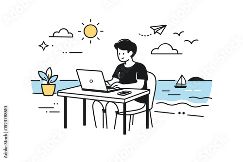 Remote work by the seaside. Freelancer sitting at a small table overlooking the ocean, laptop open and phone nearby. Calm coastal productivity with sunlight,