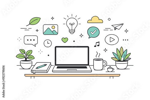 Nature-inspired desk setup. Calm workspace with small potted plants, soft lighting, and natural textures, abstract floating shapes and icons enhancing serenity